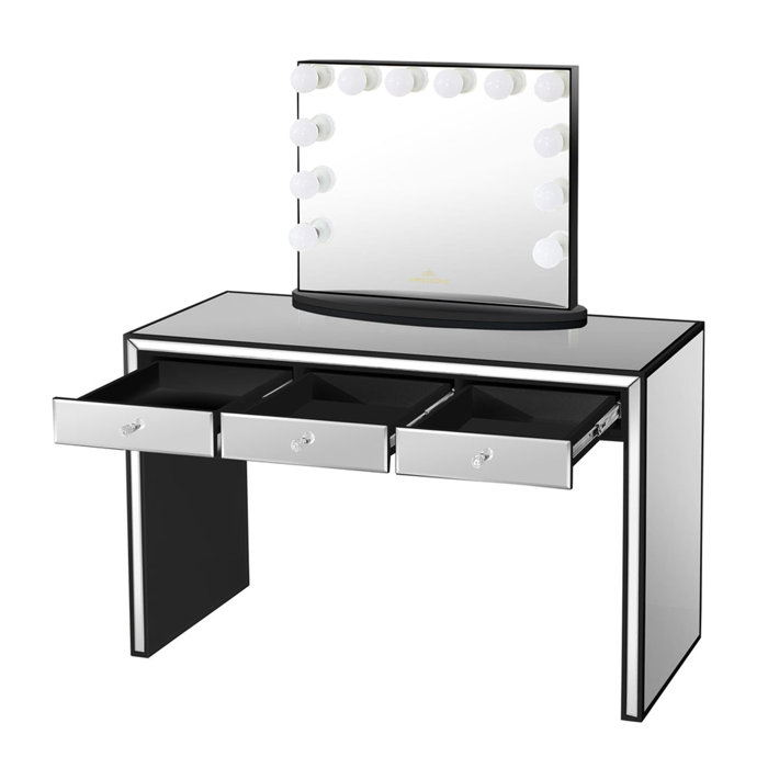 Everly Quinn Leah Mirrored Vanity Table, 3 Pull Out Storage Drawers